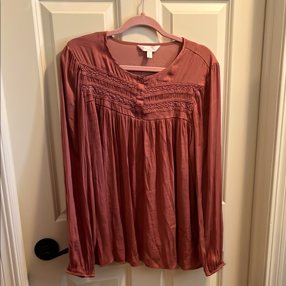 LC Lauren Conrad Pink Smocked Long Sleeve Blouse